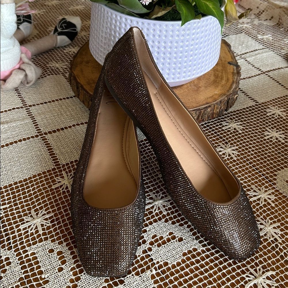 INC International Concepts Juney Shimmering Rhinestone Bronze Brown Ballet Flats
